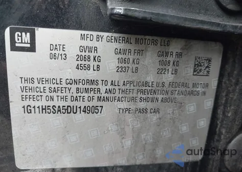 2013 Chevrolet Malibu 1Lz z USA, uszkodzony, nr VIN 1G11H5SA5DU149057